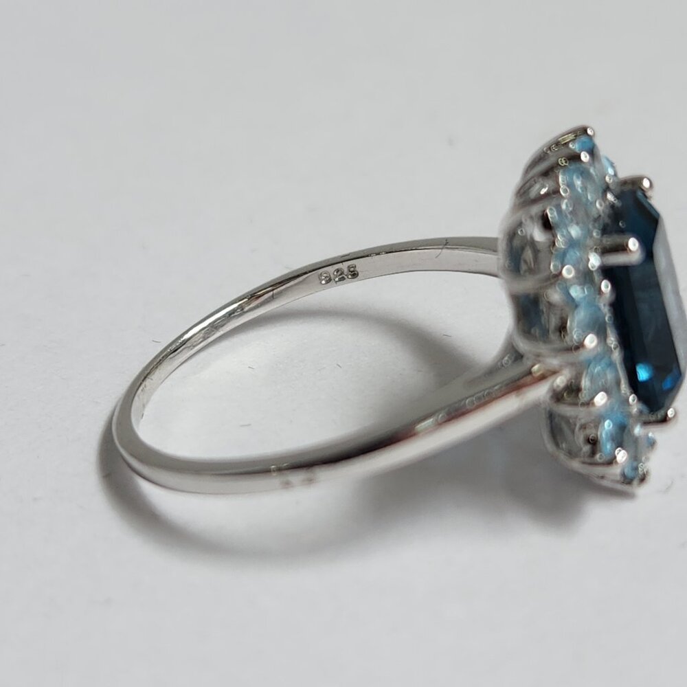 Estate Deep Blue Emerald-Cut Halo Ring with White Accents - Picture 4 of 15